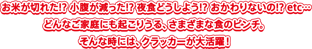 お米が切れた!? 小腹が減った!? 夜食どうしよう!? おかわりないの!? etc…どんなご家庭にも起こりうる、さまざまな食のピンチ。そんな時には、クラッカーが大活躍！