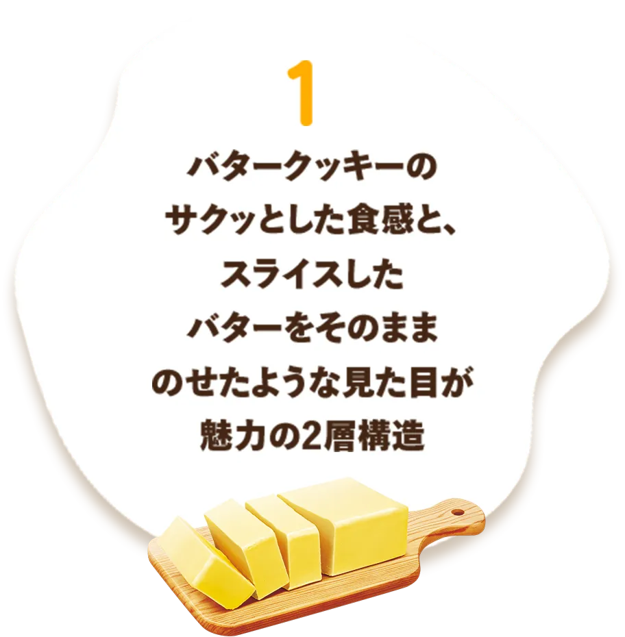 バタークッキーのサクッとした食感と、スライスしたバターをそのままのせたような見た目が魅力の2層構造