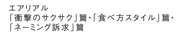 エアリアル「衝撃のサクサク」篇・「食べ方スタイル」篇・「ネーミング訴求」篇